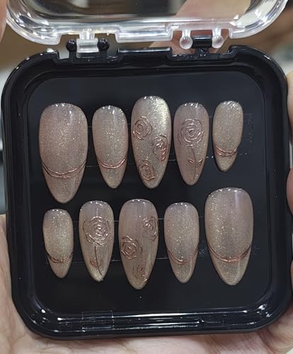 Handmade Cat-Eye Press-On Nails with Isolated Chrome Rose Design | Reusable False Nails Set with Application Kit (12 Pcs)