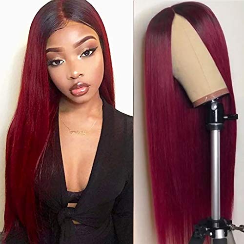 HILYN Red Straight Wigs Hest Resistant Synthetic Fiber Hair Ombre Red 2 Tone Color Glueless Full Machine Made Wig For Women