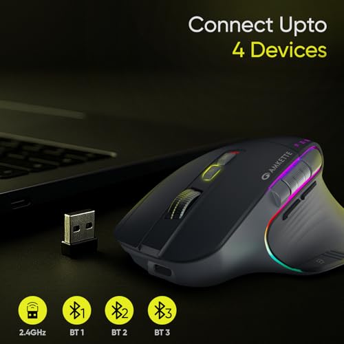 Image of Amkette XS Series Flow Ergonomic Wireless Mouse /Bluetooth Mouse with Side Scroll, 2.4GHz & 3X BT, 8 Buttons, Multi-OS, Rechargeable, 3200 DPI, RGB Lighting, Productivity Design, 2 Yrs Warranty