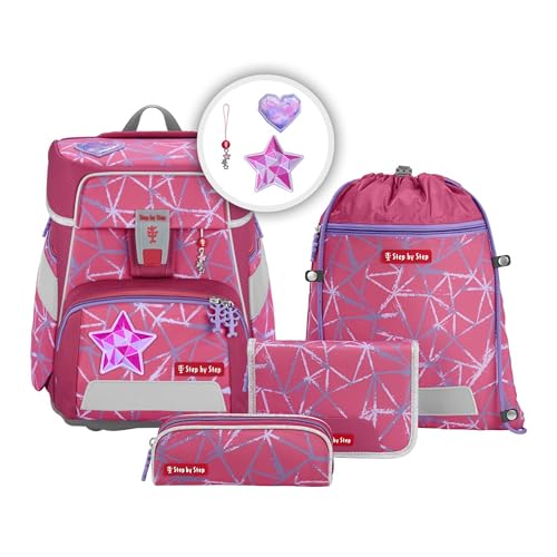 Step by Step Schulranzen-Set SPACE Star Stella 5-teilig lila-rosa Stern-Design ergonomischer Tornister mit Reflektoren höhenverstellbar mit Hüftgurt für Mädchen ab der 1. Klasse 20L