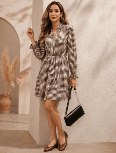 Image of Theenkoln Womens Casual Midi Dress: Short Sleeve V-Neck Empire Waist Gingham Spring Fashion Long Trendy Tiered Formal Dresses