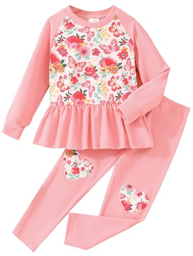 Image of DDSOL Toddler Girl Clothes Raglan Sleeve Peplum Top Heart Embroidery Pant Set Fall Winter Clothing 2-8 Years