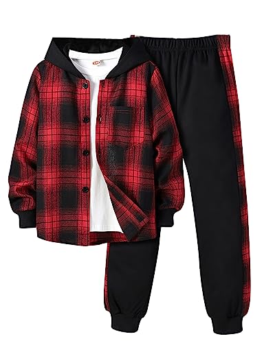 Image of Little Boys Two Pieces Outfit Kids Plaid Color Front Button Down Hoodie Sweatshirt and Jogger Sweatpants Sets