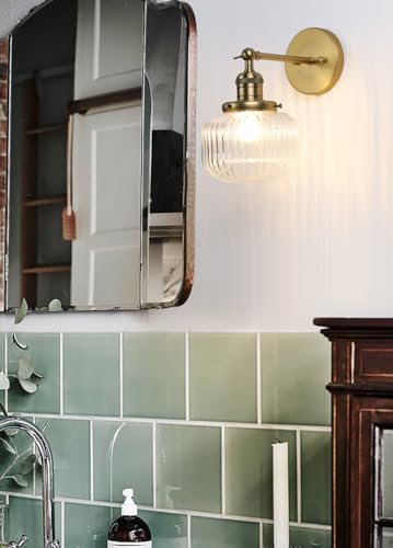 Image of PERMO Single Sconce Vintage Industrial Wall Sconce Light Fixture with Flate Globe Ribbed Shade for Bedroom Livingroom Bathroom (Brass Gold)