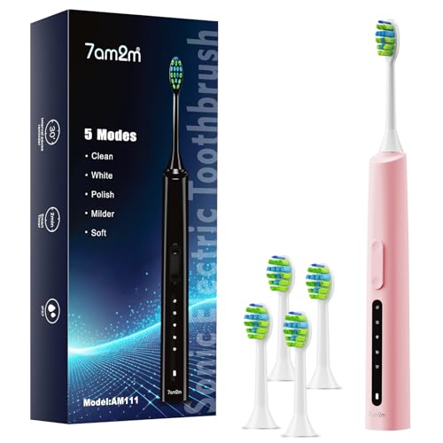 Image of 7AM2M Sonic Electric Toothbrush, High Power Rechargeable Toothbrushes, 5 Modes with 2 Minutes Built in Smart Timer, with 4 Brush Heads for Adults and Kids, One Charge for 60 Days (Pink)