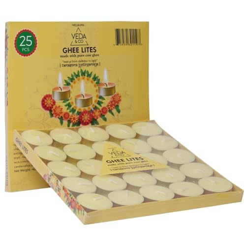 Image of Welburn Veda&Co Ghee Tealight Candles - Pack of 50, Upto 4 Hours Burning Time, Pure Cow Ghee Diya for Puja in Beautiful Gold Color Cup, Candles for Home Decor, Pooja, Home, Temple