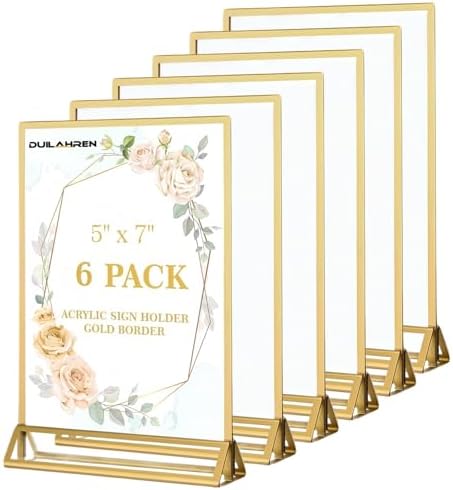 6 Pack Acrylic Sign Holder 5 x 7, Double Sided Gold Picture Frame Stand up Table Top Sign Holders, Clear Display Stand Menu Flyer Holder for Wedding Party (Provide Non-slip Mats)