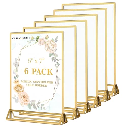 Duilahren 6 Pack Acrylic Sign Holder 5 x 7, Double Sided Gold Picture Frame Stand up Table Top Sign Holders, Clear Display Stand Menu Flyer Holder for Wedding Party (Provide Non-slip Mats)