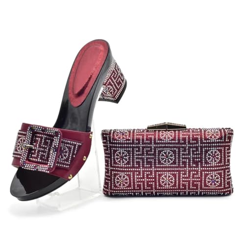 Women's Fashion Italian Rhinestone Decorated Shoe and Bag Set with Square Heel Slip-On Closure Round Toe Party Pumps2