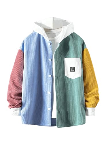 Verdusa Boy's Color Block Hooded Corduroy Jackets Casual Long Sleeve Outerwear with Pocket
