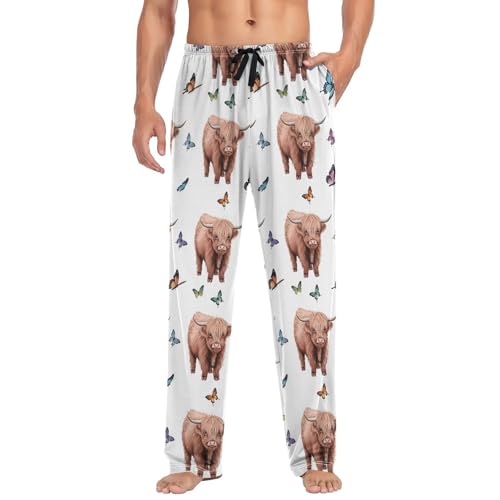 Men’s Highland Cows Butterflies Pajama Pants with Pockets, Comfortable Lounge Sleep Bottoms#7933