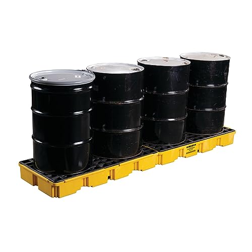 Eagle 4 Drum Spill Platform with Drain and Forklift Pockets, 103.5"x26.5"x6.5", 60.5 Gallon Sump, 10,000 lbs. Load Capacity Containment Tray, Made in USA, Yellow, 1647D
