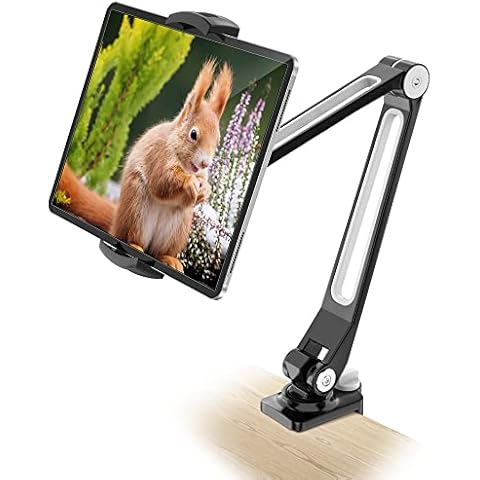 AboveTEK Sturdy Tablet Holder, Aluminum Long Arm Tablet Mount, 360° Swivel Tablet Stand & Phone Holder with Bracket Cradle Clamps 4-11" Devices for Kitchen Bedside Office Desk Showcase Display… Cover
