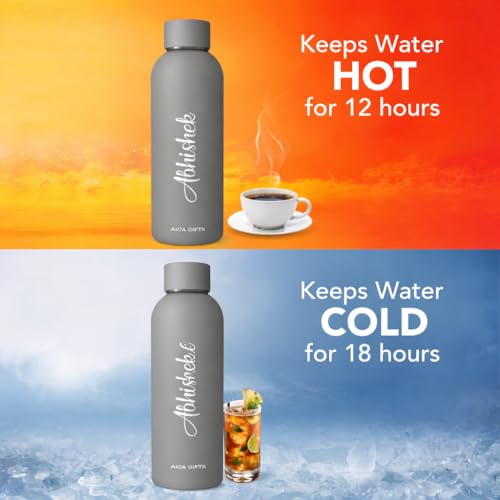 Image of AICA Personalized Name Stainless Steel Water Bottle - 500ml, Hot & Cold, Leak-Proof | Gifts for Men Women Boys Girls Wife Husband Girlfriend Boyfriend (Grey)