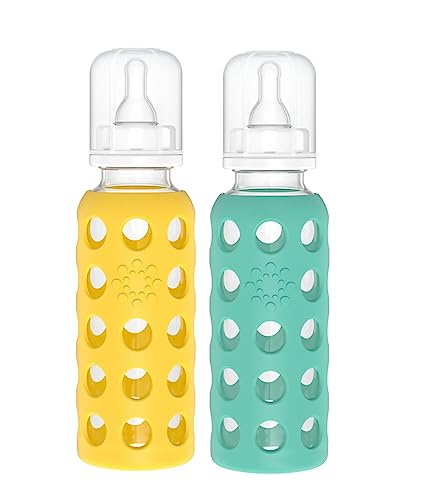 Lifefactory Glass Baby Bottle BPA Free | Protective Silicone Sleeve | 9 oz Pack of 2 | Mango, Kale