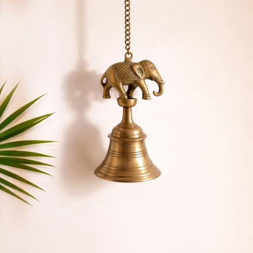 Image of ExclusiveLane 'Sacred Elephant' Brass Decorative Hanging Bell (100% Pure Brass, 63.6 Cm, 1.1 Kg, Hand-Etched) | Mandir Hanging Bells for Pooja Room Temple Bells for Mandir