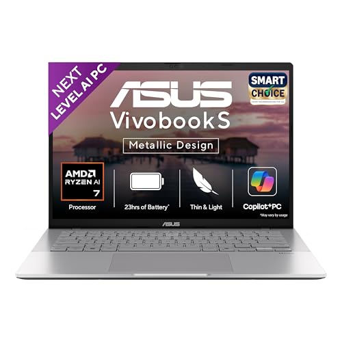 Image of ASUS Vivobook S14,Smartchoice,AMD Ryzen AI 7 350,16GB RAM,1TB SSD,OLED, 14 inch,Windows 11, Office24, M365 Basic (1Yr)*,Cool Silver,1.4Kg,M3407KA-SF048WS,50Tops,Metallic Design,Next-Gen AI Laptop,Copilot+