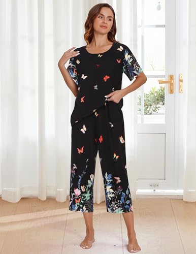 Image of Ekouaer Women's Two Piece Lounge Set Short Sleeve Shirt and Capri Pants Mumu Pajama with Pockets Loungewear Pjs Sets S-2XL
