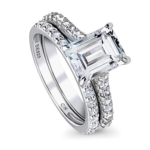 BERRICLE Rhodium Plated Sterling Silver Emerald Cut Cubic Zirconia CZ Solitaire Engagement Wedding Ring Set 3.2 CTW Size 6