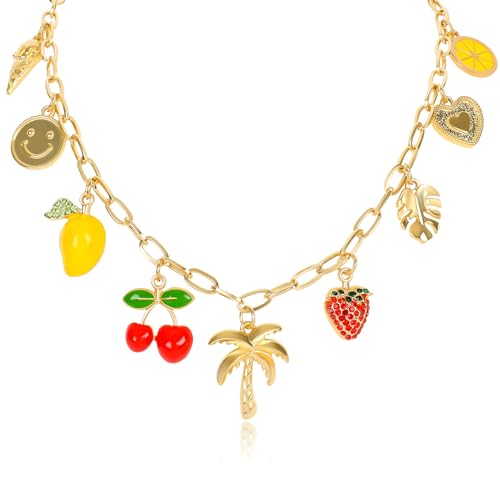 NEKOL Gold Charm Necklace for Women Hawaii Style Chain Necklace with Cute Dangle Coconut Tree Cherry Lemon Mango Strawberry Heart Fruit Bow Pendant Trendy Y2K Summer Beach Jewelry Gift