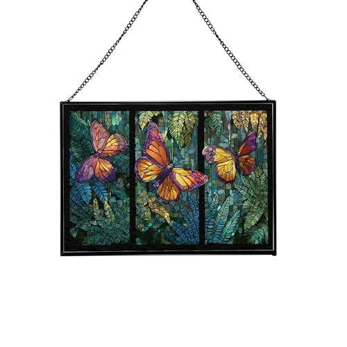 Butterfly Trio – Fern Wood Animal Stained Glass Suncatcher – Rectangular Hanging Window Panel with Artistic Nature Background – Wildlife Glass Art Gift for Animal and Nature Lovers U7zxaa