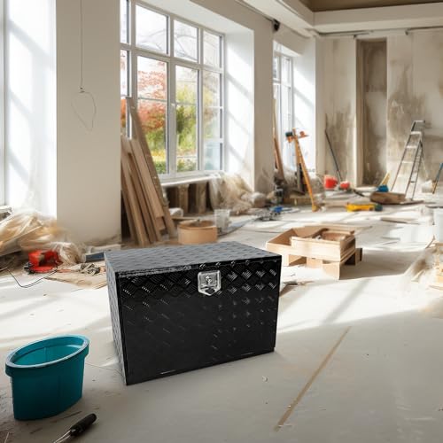 confote 36"x 22"x 24" Heavy Duty Aluminum Stripes Plated Tool Box Underbody Truck Box Pick Up Truck Bed RV Trailer Toolbox Waterproof Square Storage Organizer with Lock and Keys-Black