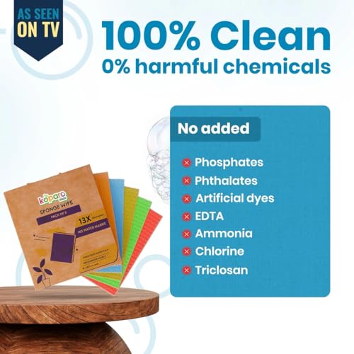 Image of Koparo Natural Cellulose Sponge Wipes for Kitchen and Home Cleaning | Pack of 3 | Reusable & Biodegradable Kitchen Cleaning Wipes | Lint-Free | 13X Absorption | XL Size Wipes