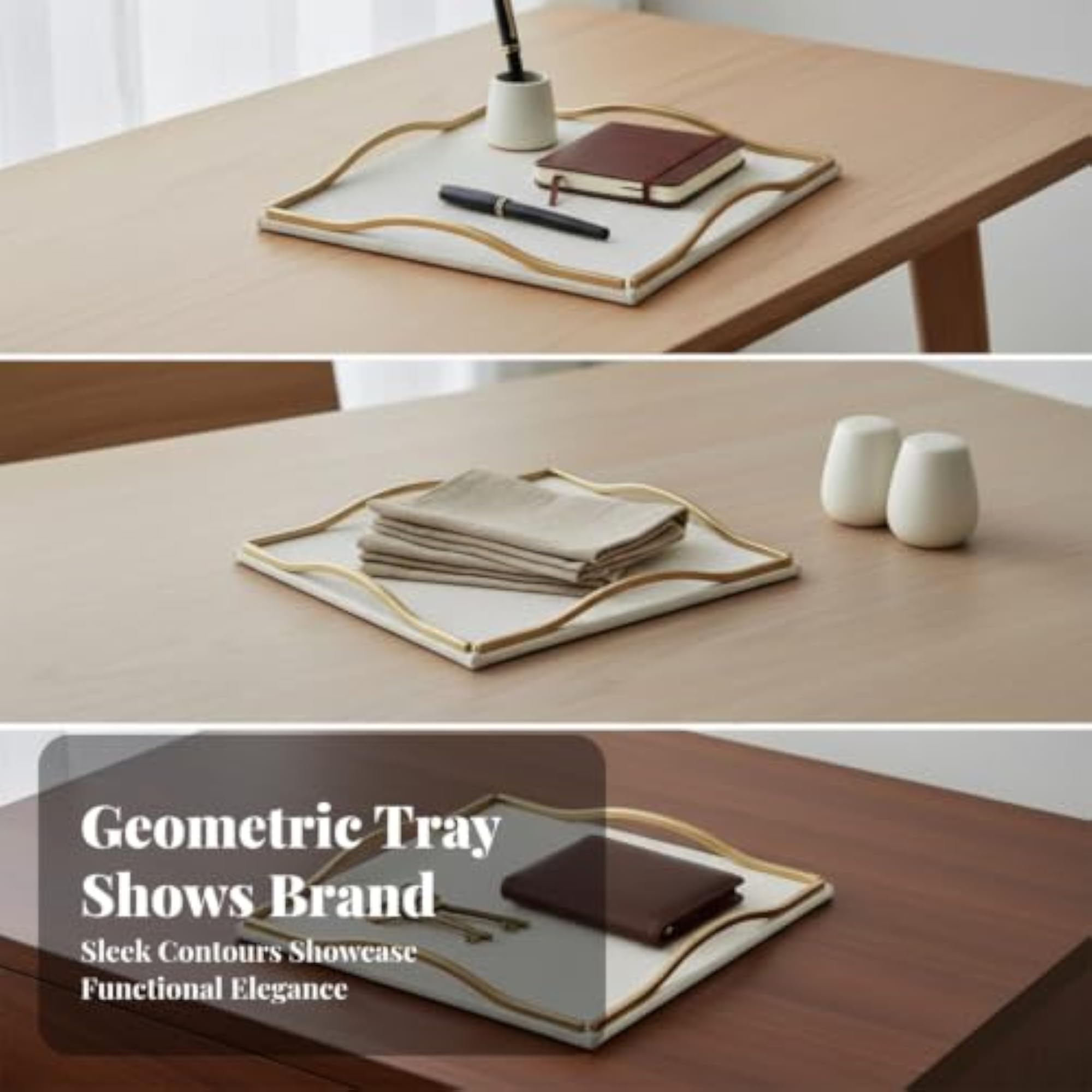 Geometric Square Tray with Metal Rim for Tabletop Organization