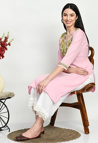 Image of QAZMI Women's Rayon Cotton Keyhole Neck Three-Quarter Sleeves Kashmiri Embroidered Straight Kurta