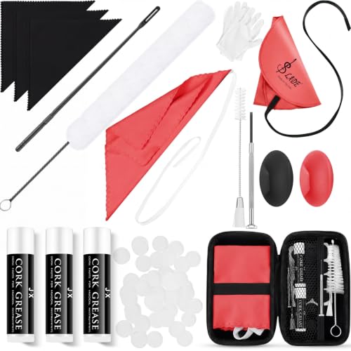 Image of Vesici 40 Pcs Flute Cleaning Kit, Flute Care Accessories Set,Red | Portable Music Accessory Organization with Cleaning Rod, Swab, Brush, Grease, Case, Thumb Rest Cushion for Flute Maintenance