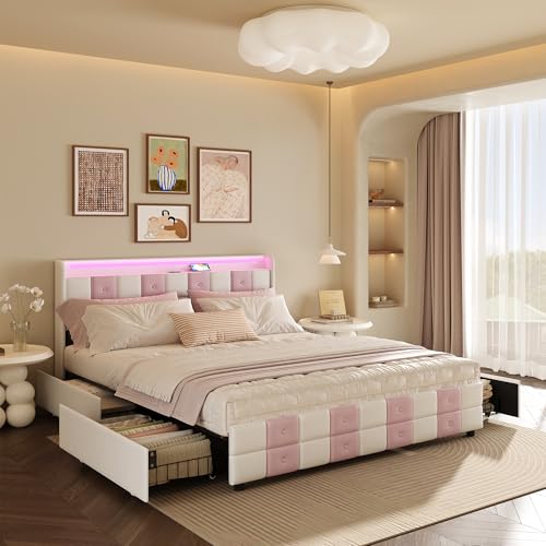 Lit Double 140x190 avec Sommier et 4 Tiroirs de Rangement, Lit Coffre Rembourré en Velours avec LED et Ports USB, Cadre de Lit Adulte et Ado, Design à Carreaux Blanc...