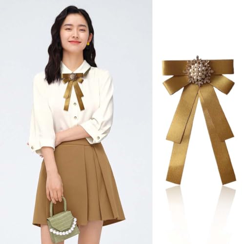 Image of Women Elegant Pearl Ribbon Bow tie Brooches Pin Jewelry Pre-Tied Collar Neck Tie Clip for Lady Girls Wedding Party