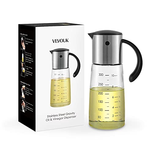 vevouk Distributeur d'huile d'olive en verre - Bouteille en acier inoxydable - Récipient à condiments à rabat automatique avec bouchon et bouchon automatiques - Vinaigrier anti-fuite Cover
