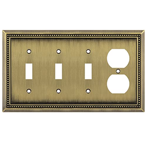 Image of Henne Bery Sunken Pearls Heavy Duty Decorative Wall Plate Switch Plate Outlet Cover (Triple Toggle /Single Duplex, Antique Brass)