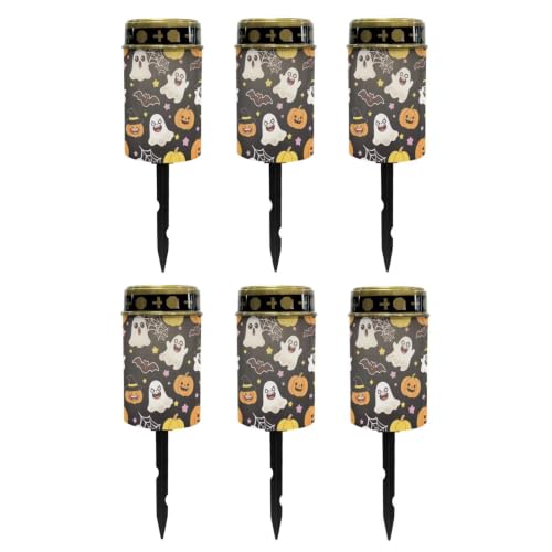 Image of Poceacles Flameless Candle Solar Powered Grave Outdoor Lights Cemetery Candle Flameless Fake LED Pillar Lights Outdoor Halloween Decoration, Cute Ghost Pumpkin Bat Print Black, Pack of 6