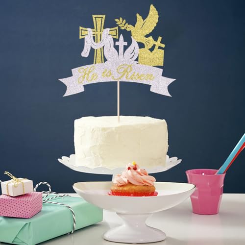 Qertesl He is Risen Cake Topper-Glitter Jesus Easter Cake Pick for Jesus Easter Christian Holiday Cross Party Cake Decoration,Happy Birthday Party Decoration Supplies