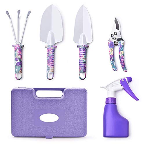 Garden Tool Set, Potable Durable Gardening Planting Tools Gift Kit with Non-Slip Rubber Grip, Including Anti-Rust Trowel, Cultivator, Pruning Shear, Water Sprayer and Case(5 Piece)