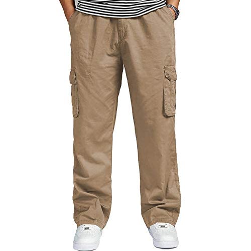 Image of REOUTLOOK Men's Regular‑Fit Cotton Cargo Pants - Elastic Drawstring Waist, 5 Pockets, Breathable Everyday Casual Trousers