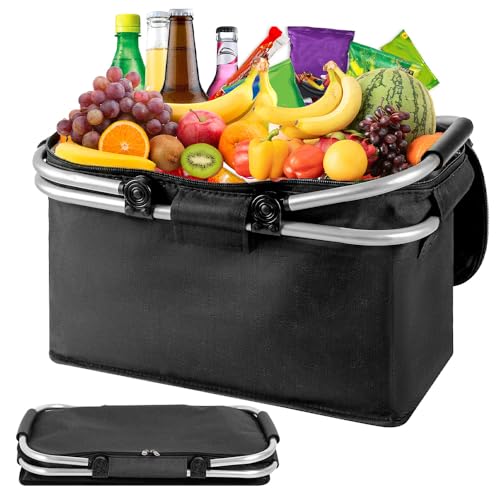Vmxlso Cesta de La Compra Plegable 18L, Cesta Termica Plegable con Función de Refrigeración, Cesta Picnic con Postes de Aluminio, Bolsa Picnic Térmica con Tapa de Cierre para Compras, Viajes, Negra