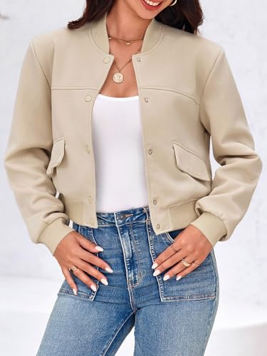 Tankaneo Womens Cropped Bomber Jackets Casual Button Down Long Sleeve Stand Collar Varsity Shacket Coats2