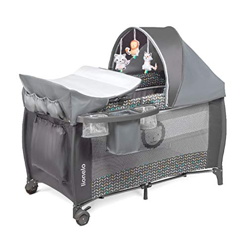 Lionelo Sven Plus 2 in 1 Baby Bett Laufstall Baby ab Geburt bis 15 kg Wickelauflage Moskitonetz luftige Seitenwände mit Seiteneingang Tragetasche zusammenklappbar (Grey Scandi)