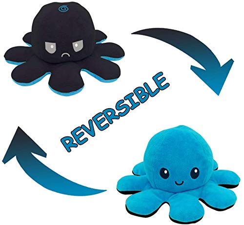 Flyglobal Jouet en Peluche de Poulpe Flip Double Face, Poupée Pieuvre Réversible Animaux Mignon Lavable, Cadeau pour Enfants Garçons Filles-NoirBleu