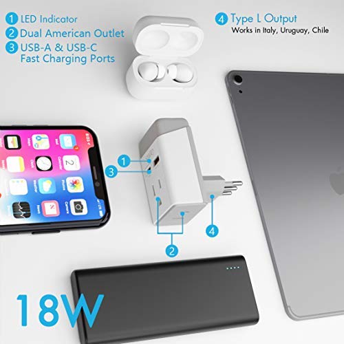 Image of Ceptics Italy, Chile Travel 2 Pack Plug Adapter QC 3.0 & PD, Safe Dual USB & USB-C - 2 USA Socket Compact & Powerful - Use in Rome, Milan, Greece - Type C, Type L - Fast Charging (AP-9C-12-PK)