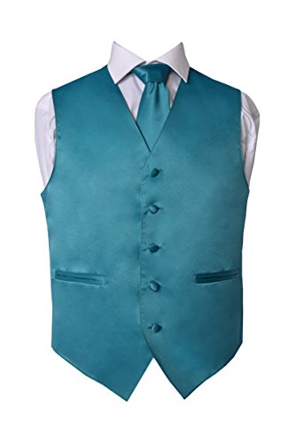 Men's Premium Solid Vest - NeckTie – Bow Tie - Pocket Square 4 Piece Set for Suits & Tuxedos (Teal Green, 4XL)