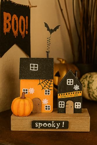 Heaven Sends Decorative Wooden Spooky Haunted House - Black/Orange - 14cm x 10cm x 6cm - Halloween Decoration Autumn Pumpkin Themed Décor - Perfect for Home, Kitchen, Living Room, Tabletop