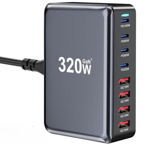 Image of TECHBLAZE 320 W GaN 3 Super Fast Charger Adapter, 8-Port (4 USB A+ 4 Type- C) with PD Technology, Universal for iPhone, Android, MacBook, Type-C Laptops, Compact Multi-Device Charging Solution.