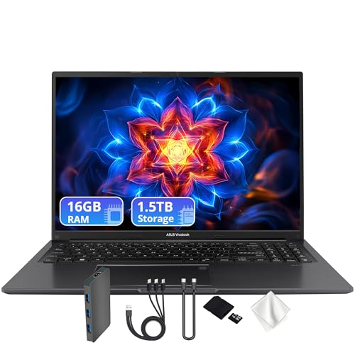 ASUS Vivobook - Laptop WUXGA de 16 pulgadas, Intel i7-1355U, 16 GB DDR4 RAM, gráficos Intel Iris Xe, almacenamiento de 1.5 TB (SSD PCIe de 512 GB y estación de acoplamiento de 1 TB), teclado