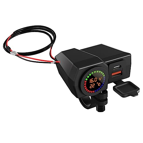 ULTECHNOVO Motorcycle Phone Charger Handlebar Mount Dual -c and Standard Ports Voltmeter and Thermometer