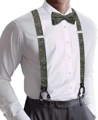 Image of YOHOWA Men Suspenders 6 Clips Strength Adjustable Y Braces Pre-Tied Bow Tie Set Formal Wedding Party