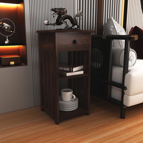Image of Sheesham Wood Bedside Table with 1 Drawer and 2 Shelf Storage for Bedroom Living Room Office Home Furniture End Table| Sofa Side Table| Nightstand, (Walnut Finish)